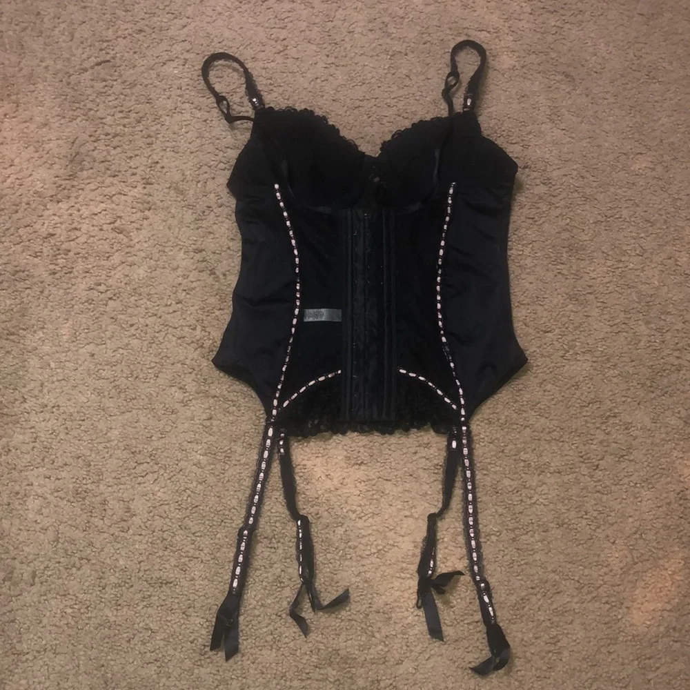 Adore Me Floral Lace Polka Dot Mesh Satin Corset Bustier Black Pink‎ Ribbon 34B